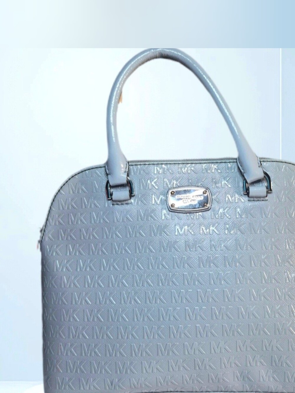 Michael Kors Light Slate Blue Patent Leather MK-Embossed Satchel